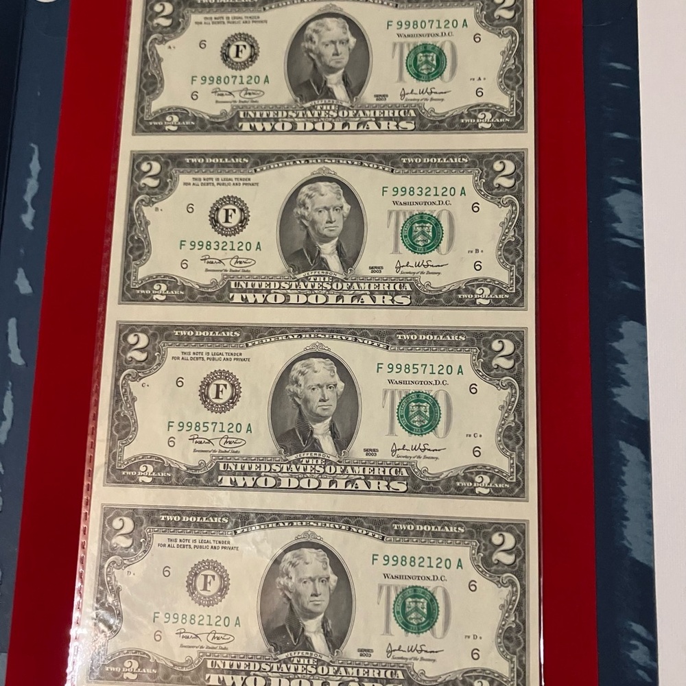2003 Gem UNC Uncut Sheet of 4 Federal Reserve Banknote
